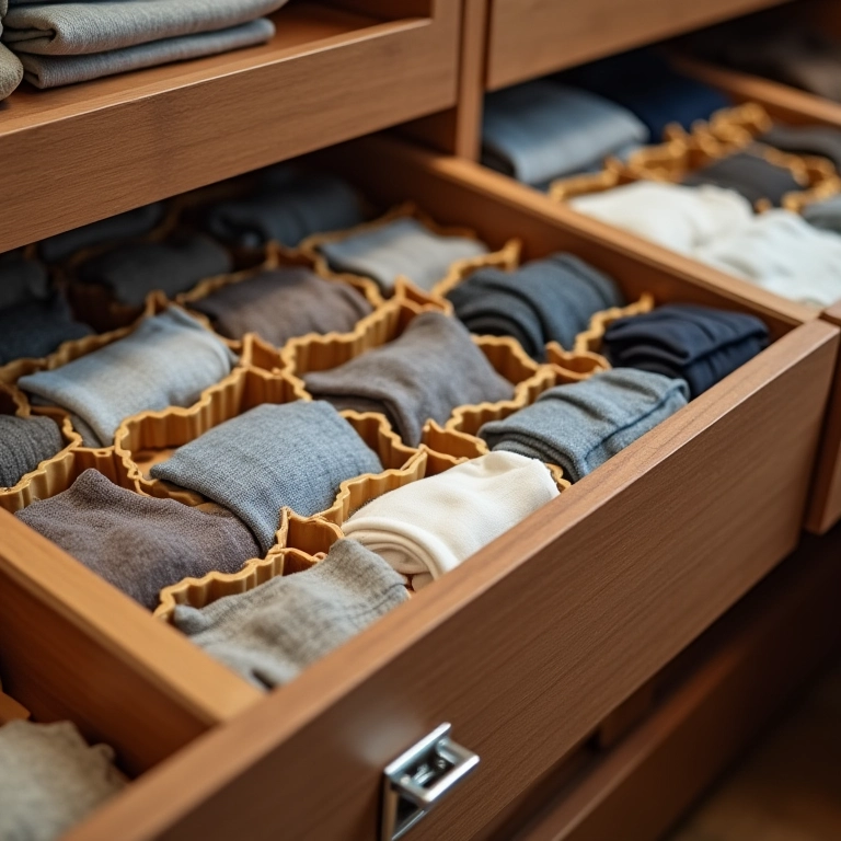 Gavetas organizadas com colmeias e divisórias.