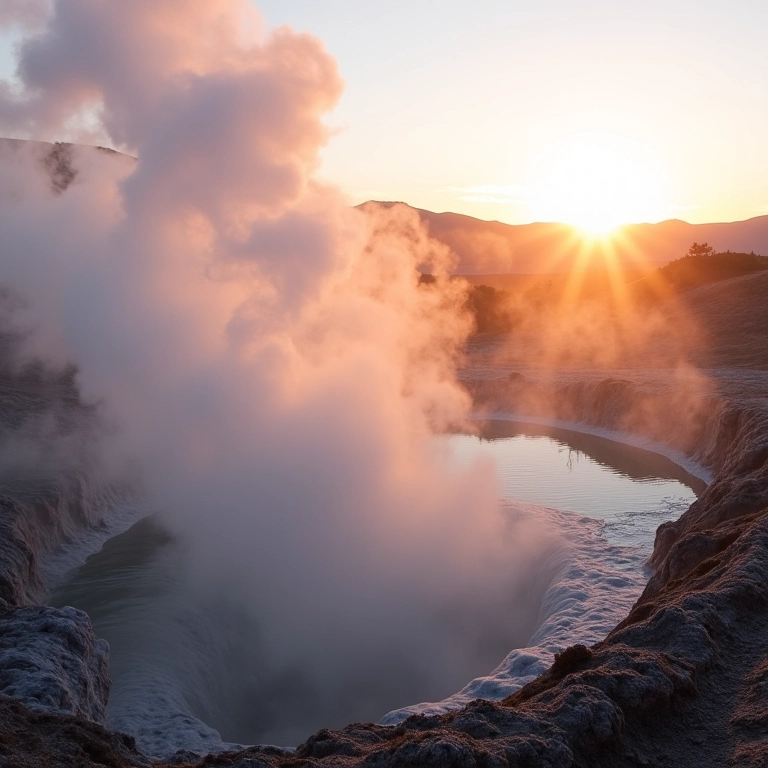 Gêiseres del Tatio em erupção ao amanhecer no Atacama.