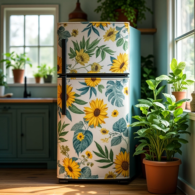 Geladeira com capa de tecido colorida e estampada.