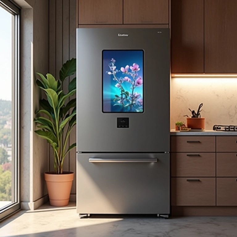 Geladeira inteligente com tela touchscreen em uma cozinha moderna com design brasileiro.