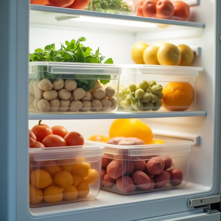Geladeira organizada com potes reutilizáveis, reduzindo o desperdício.