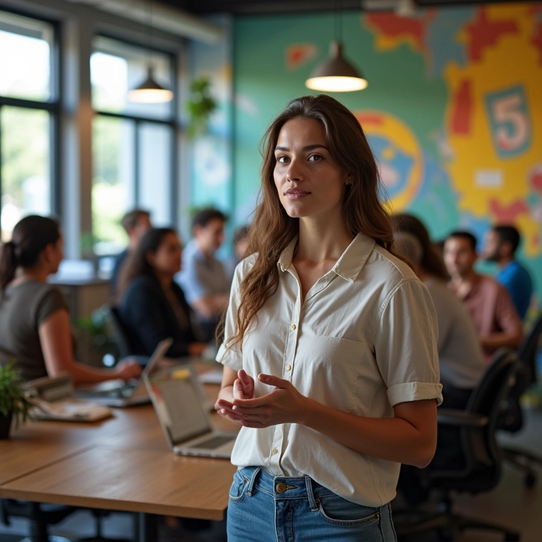 Geminiano apresentando ideias em um ambiente de trabalho moderno e dinâmico.