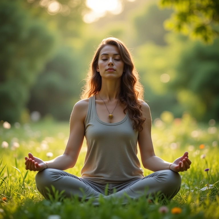Geminiano meditando em um ambiente natural, focado na saúde e bem-estar.