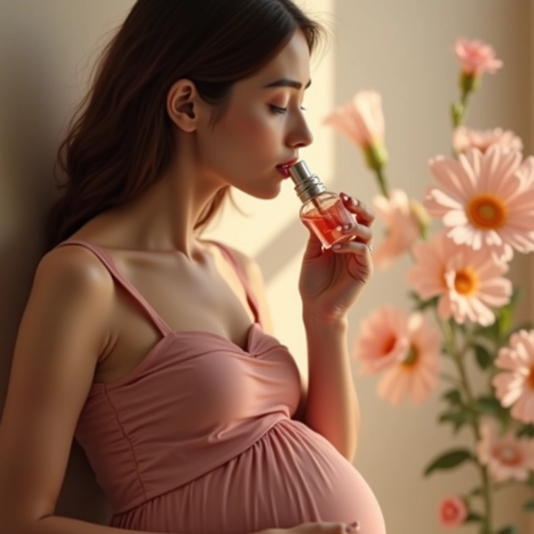 Gestante apreciando perfume suave em ambiente florido.