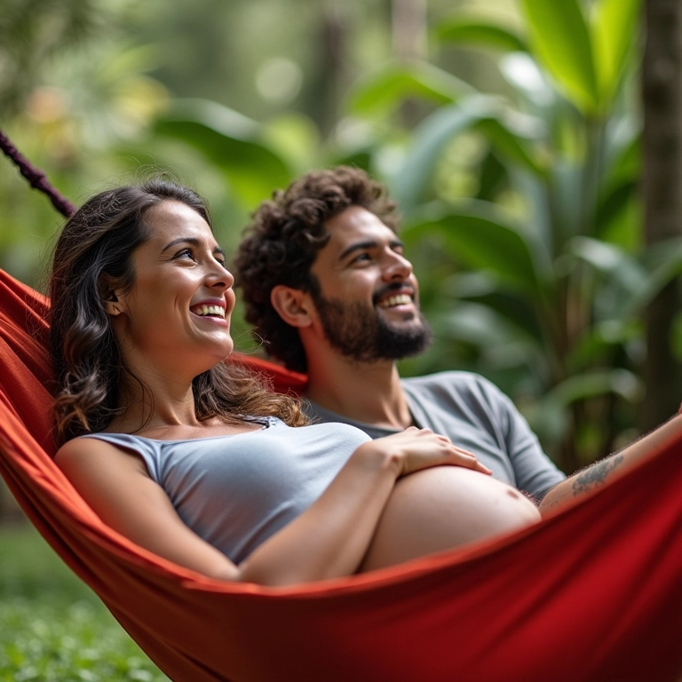 Gestante e parceiro relaxando em rede, desmistificando mito do orgasmo induzir parto.