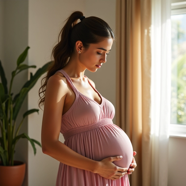 Gestante elegante em um vestido confortável em casa.