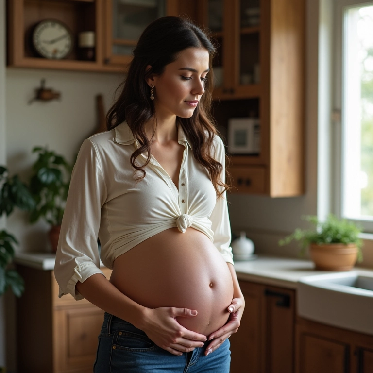 Gestante em blusa valorizando colo e ombros.