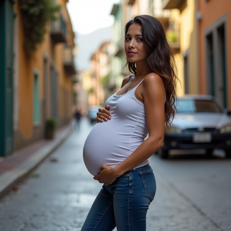 Gestante em jeans confortáveis caminhando na rua.