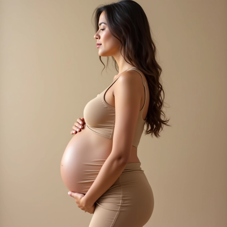 Gestante em look monocromático (tons terrosos), fundo neutro e elegante.