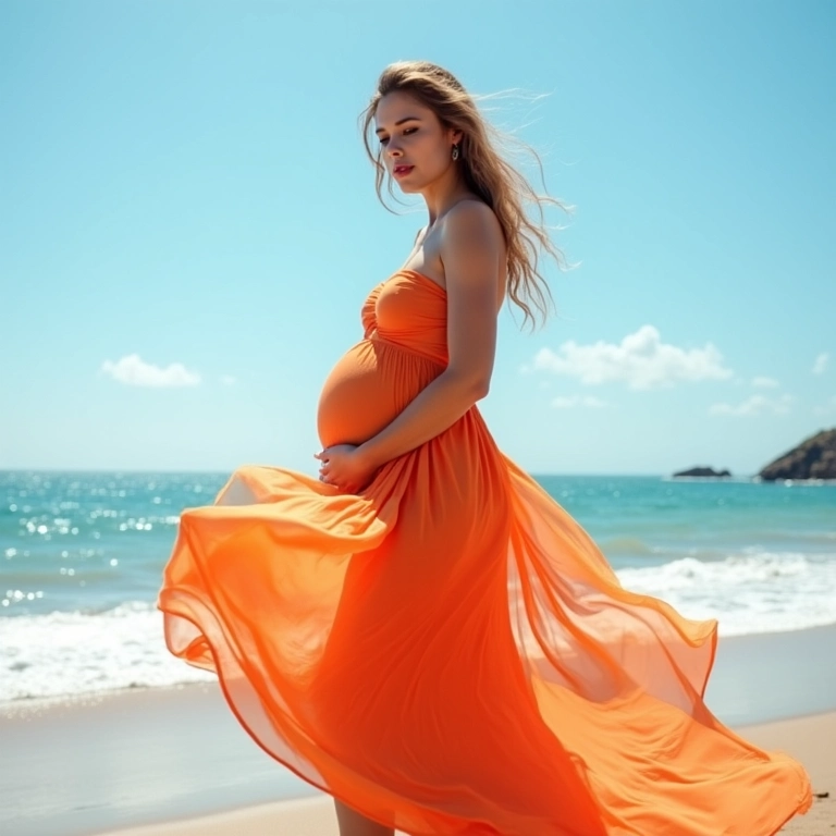 Gestante em saia colorida na praia.