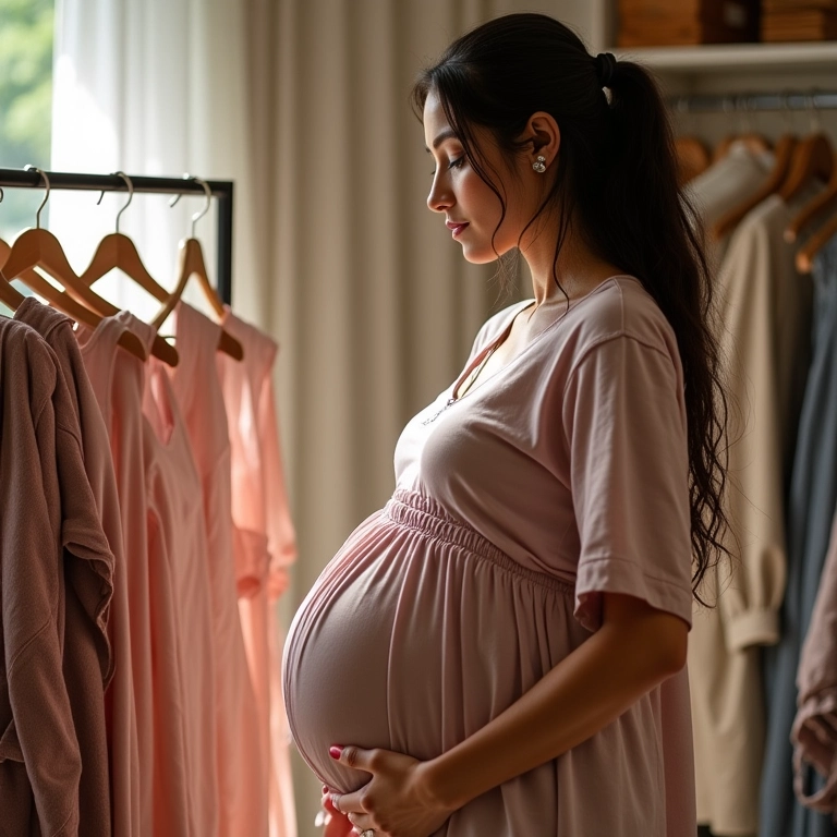 Gestante escolhendo roupas de tecidos suaves em uma boutique com estilo Farm Rio.
