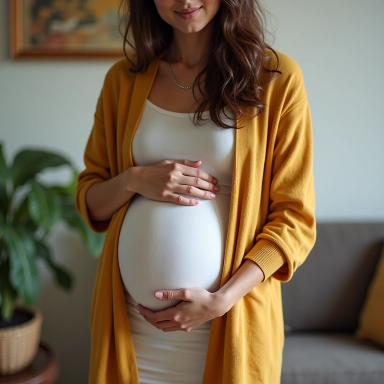 Gestante estilosa com cardigan sobre vestido, em ambiente aconchegante.