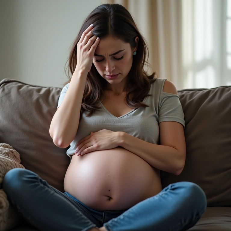 Gestante preocupada sentada no sofá, sobrecarregada pela maternidade.