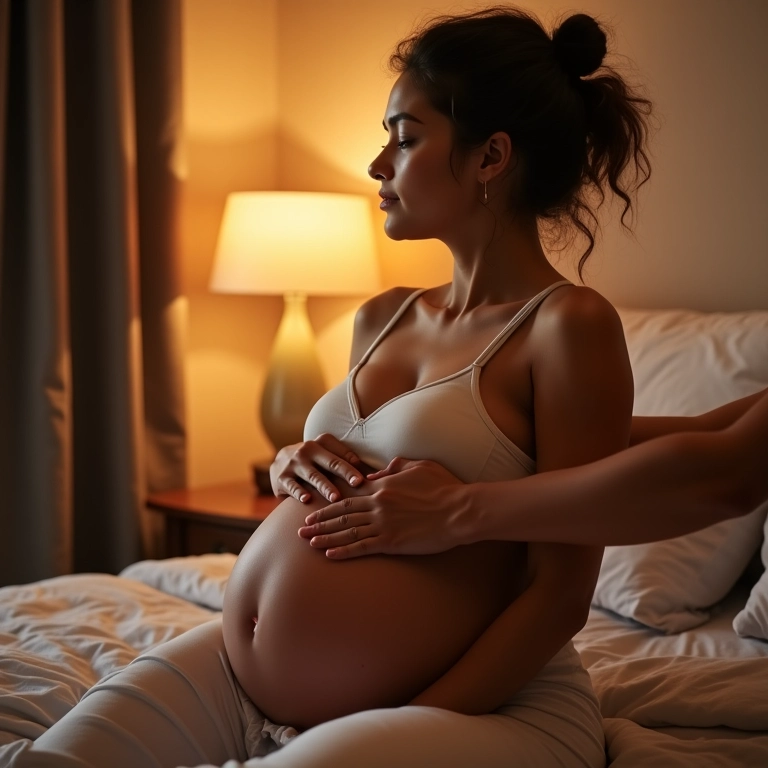 Gestante recebendo massagem do parceiro, aliviando estresse e ansiedade.