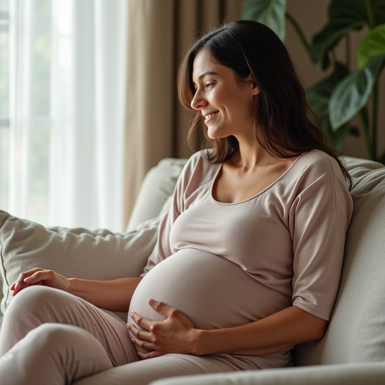 Gestante relaxada em casa, usando calças confortáveis de maternidade e blusa suave.
