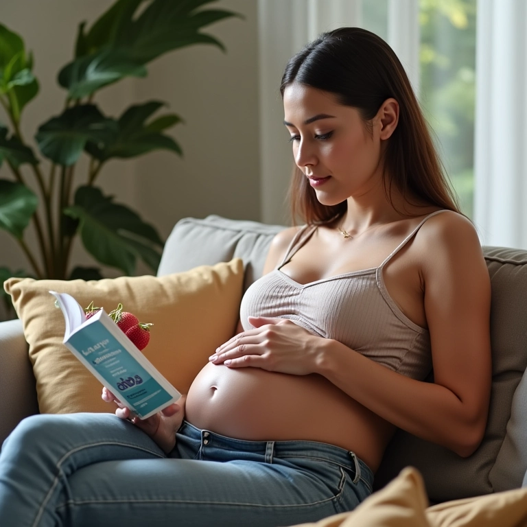 Gestante relaxando com guia e lanche saudável.