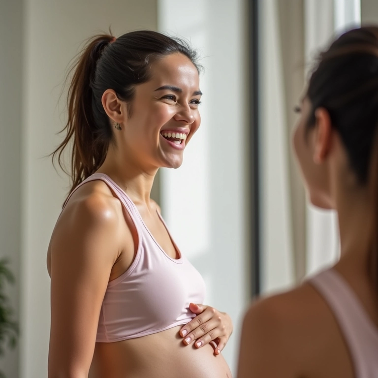 Gestante sorrindo ao se ver no espelho, irradiando autoestima e bom humor.