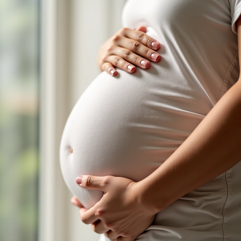 Gestante toca suavemente um top de algodão, close up.