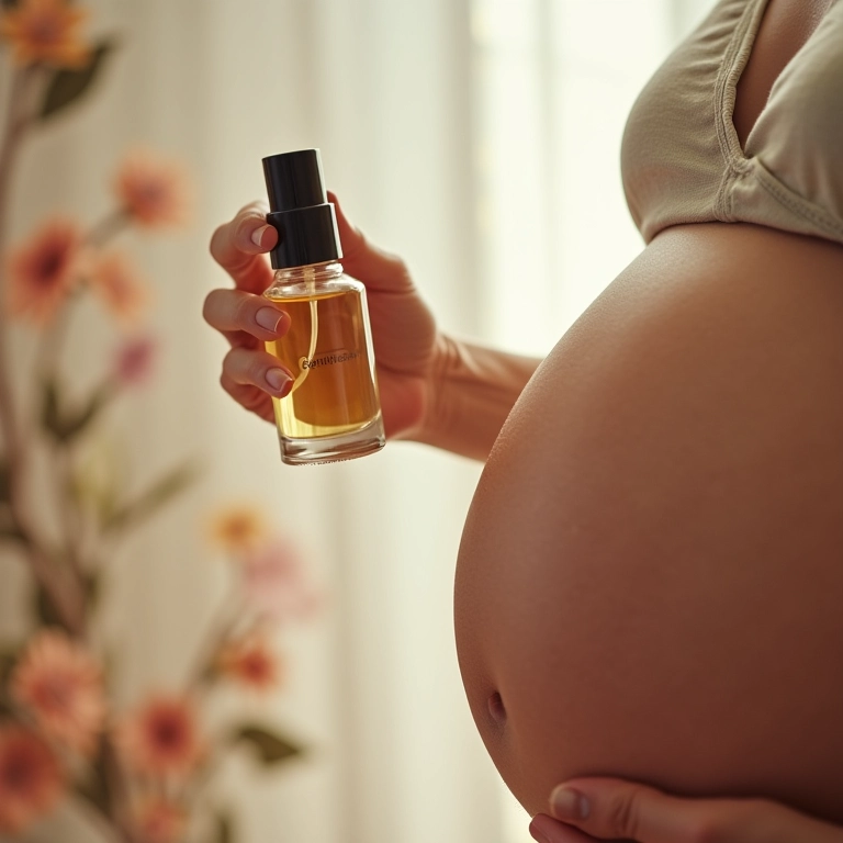 Gestante usando perfume natural e seguro.