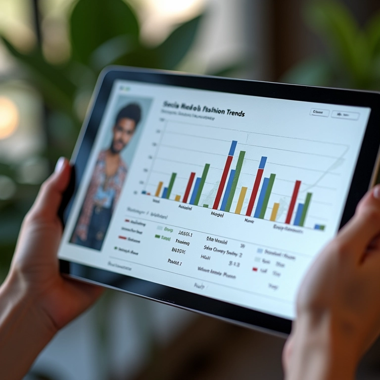 Gráficos em um tablet exibindo as últimas tendências de moda nas redes sociais.