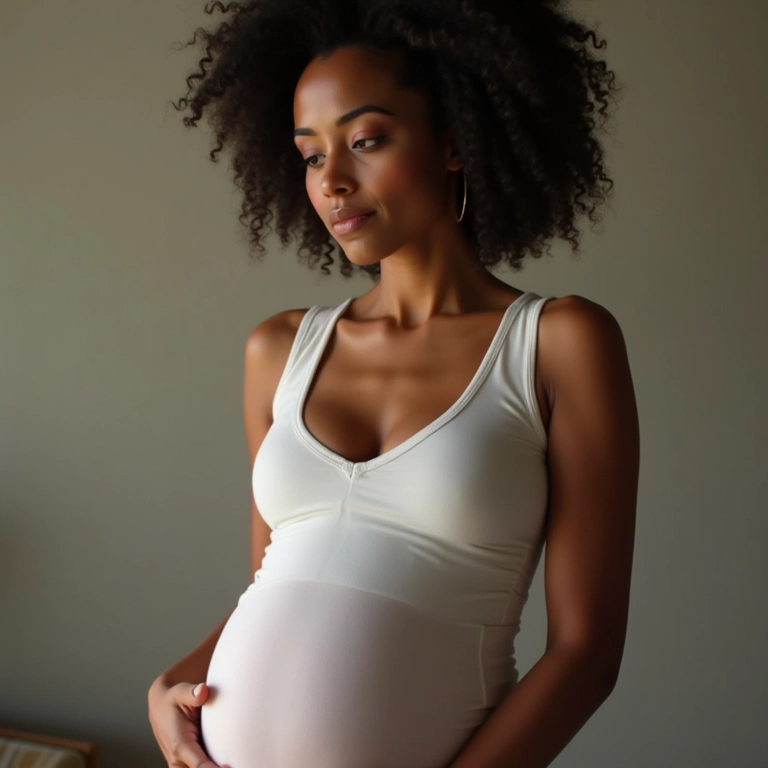 Grávida com blusa decotada valorizando o colo, maquiagem natural.