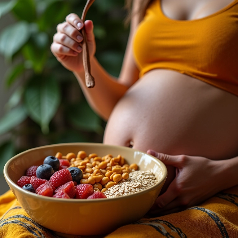Grávida comendo alimentos ricos em fibras.