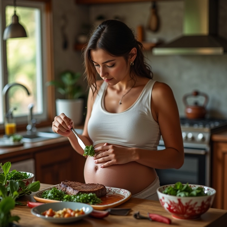 Grávida consumindo alimentos ricos em ferro.