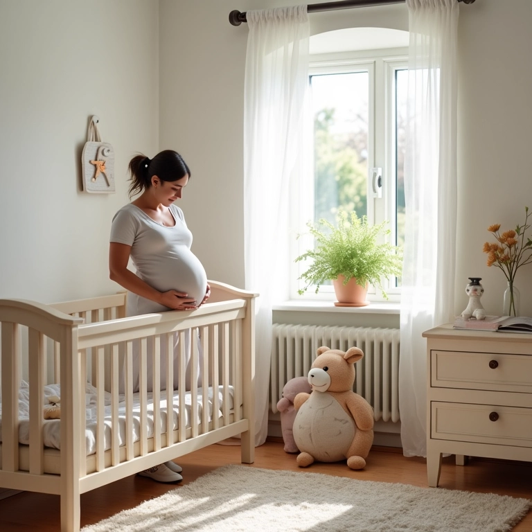 Grávida montando quarto do bebê seguro e aconchegante com móveis.