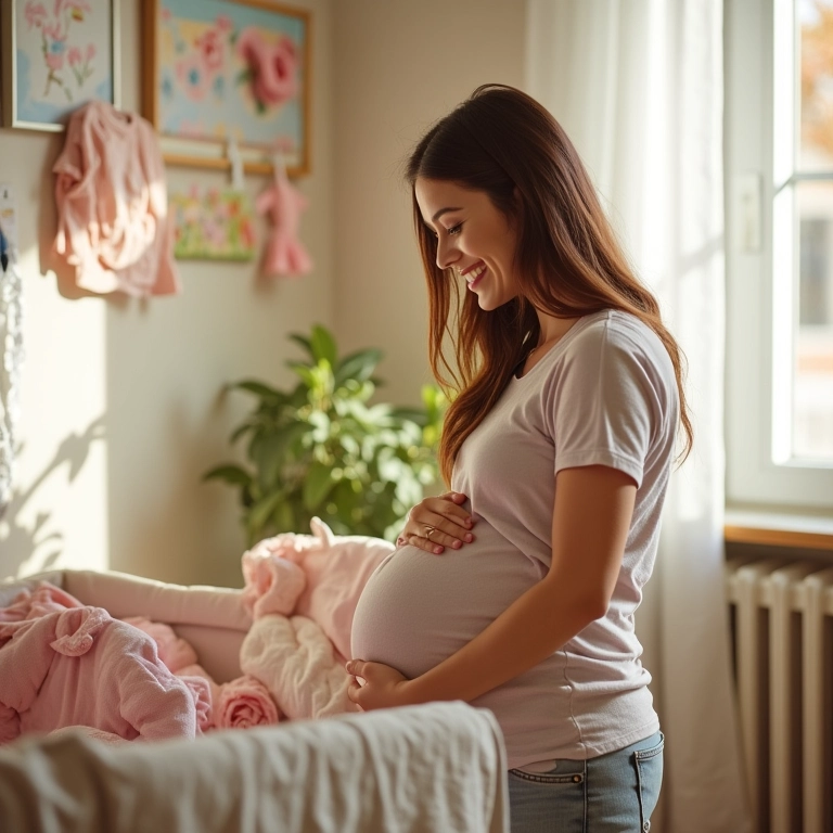 Grávida organizando enxoval do bebê com alegria.
