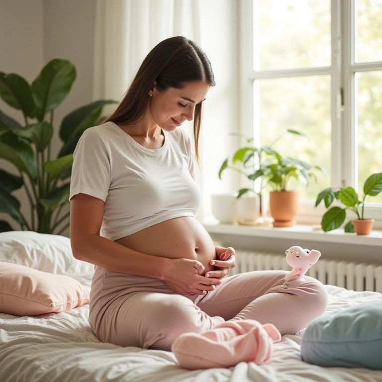 Grávida organizando enxoval prático em quarto ensolarado com design brasileiro.