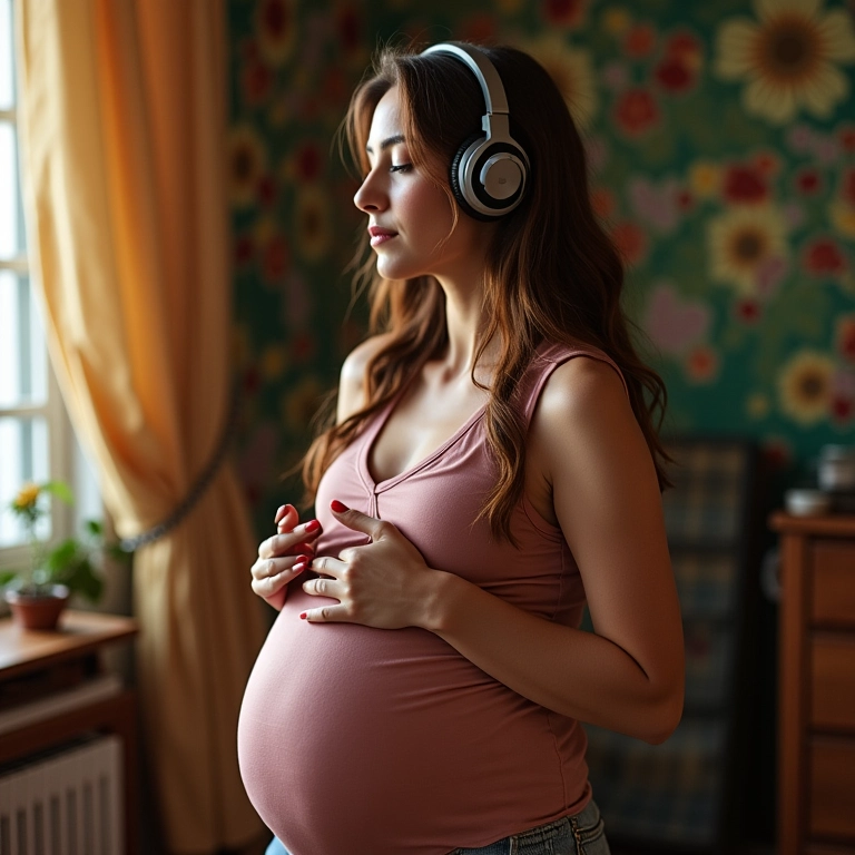 Grávida ouvindo música com fones na barriga, relaxada.