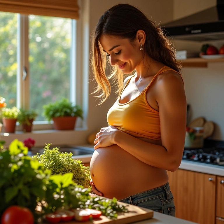 Grávida radiante preparando refeição saudável na cozinha.