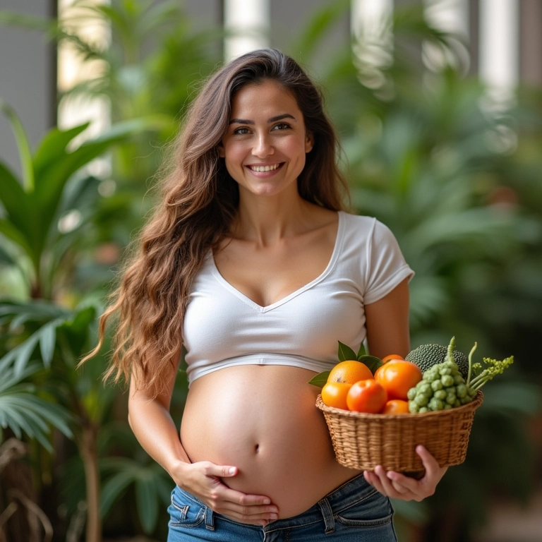 Grávida radiante segurando cesta de frutas, sorrindo.
