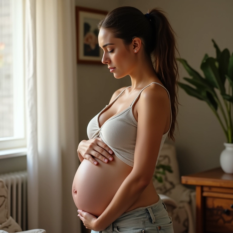 Grávida sentindo o bebê mexer, com as mãos na barriga.