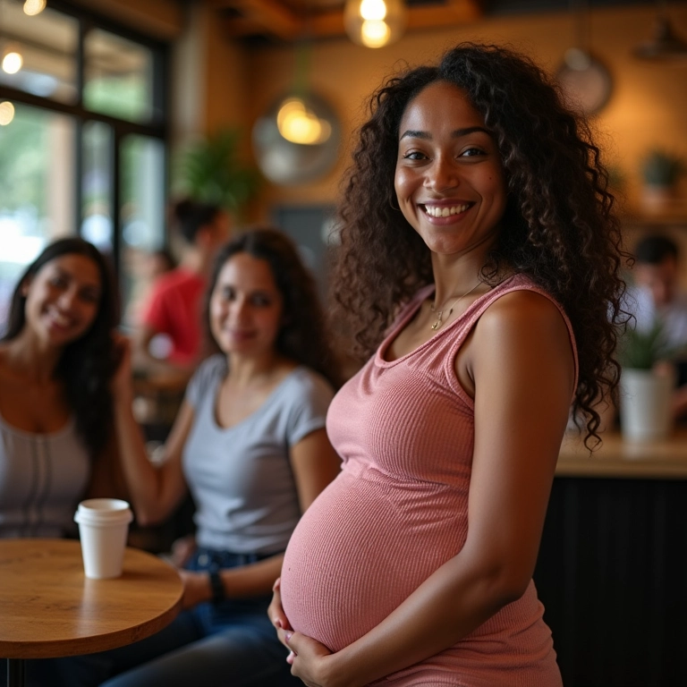 Grávida sorrindo cercada por amigas em café brasileiro vibrante.