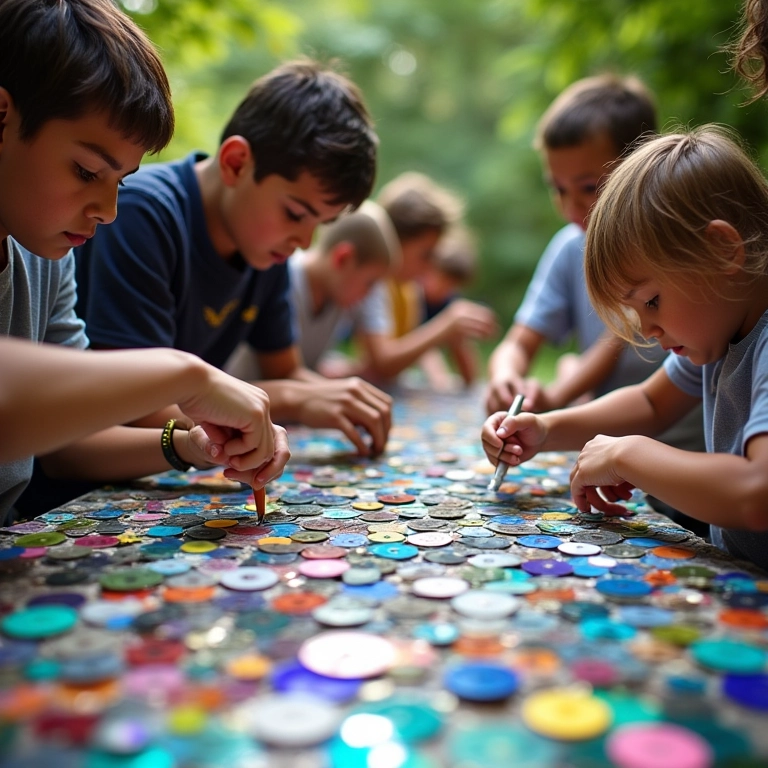 Grupo criando mosaicos de CD em oficina sustentável.