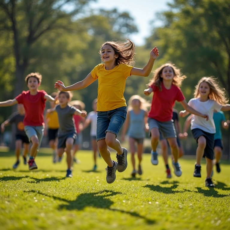 Grupo de adultos pulando corda em parque ensolarado, ritmo e coordenação em harmonia.