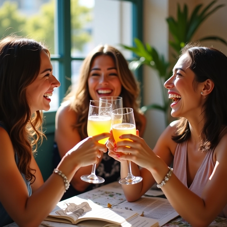 Grupo de amigas diversas brindando em Lisboa, Portugal.