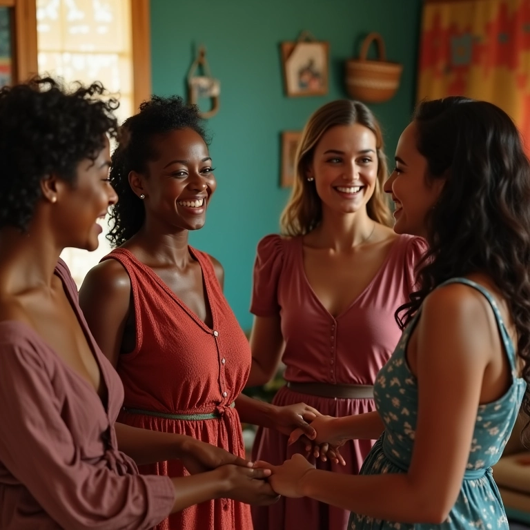 Grupo de amigas trocando roupas em uma sala colorida e divertida.