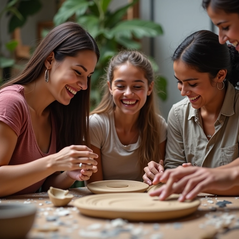 Grupo de amigos diversos rindo em aula de cerâmica.