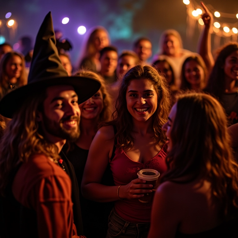 Grupo de amigos fantasiados celebra o Halloween no Brasil com decoração assustadora e iluminação aconchegante.