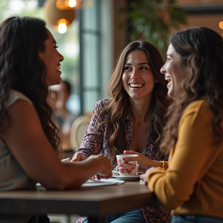 Grupo de amigos rindo em café brasileiro, mulher virginiana oferecendo conselhos.