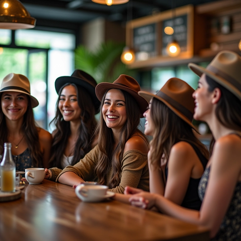 Grupo de amigos usando chapéus Fedora em café estiloso.