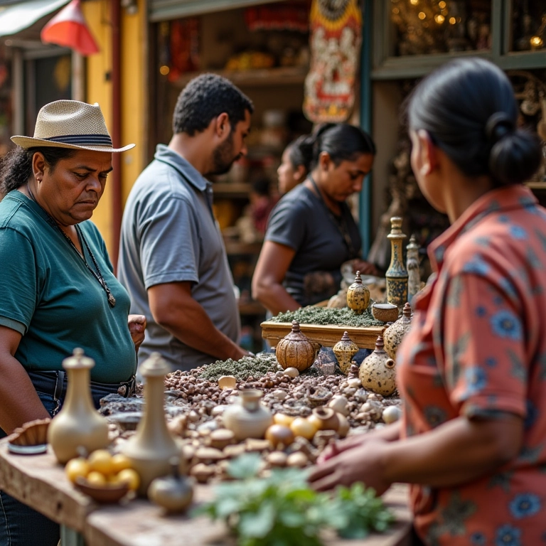 Grupo de artesãos expondo artesanato criativo em mercado brasileiro, impulsionando vendas como MEI.