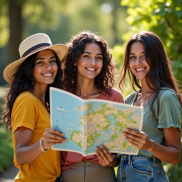 Grupo de brasileiras explorando um jardim ensolarado na Inglaterra na primavera.