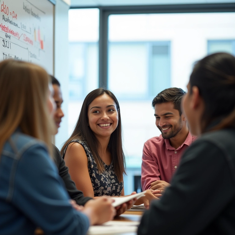Grupo de estudantes criando cronograma de estudos em lousa branca.