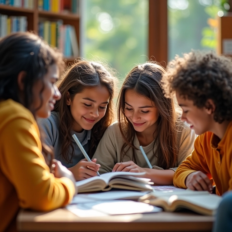 Grupo de estudantes diversos estudando juntos em biblioteca vibrante.