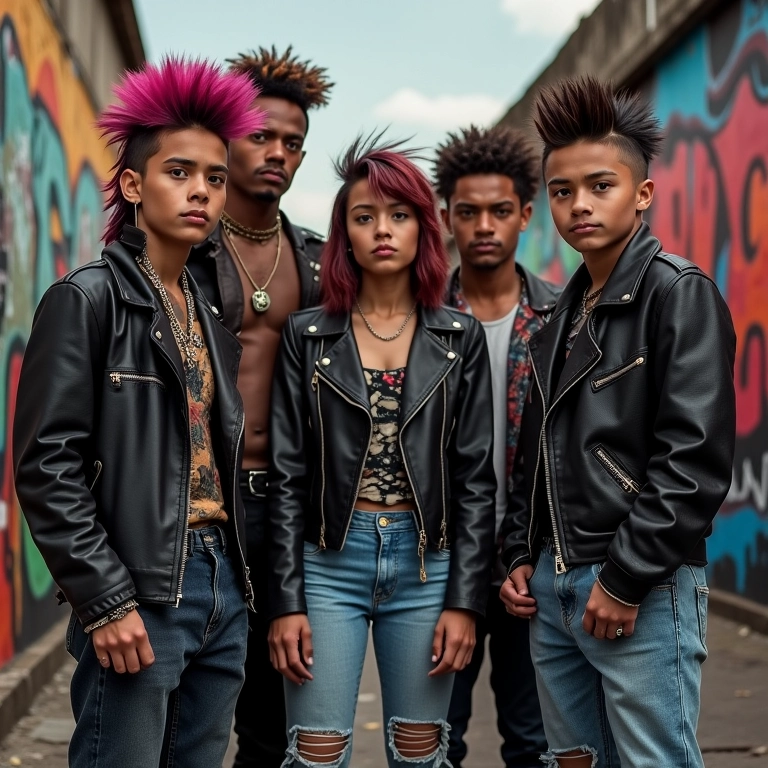 Grupo de jovens com estilo punk e new wave em rua de São Paulo nos anos 80.