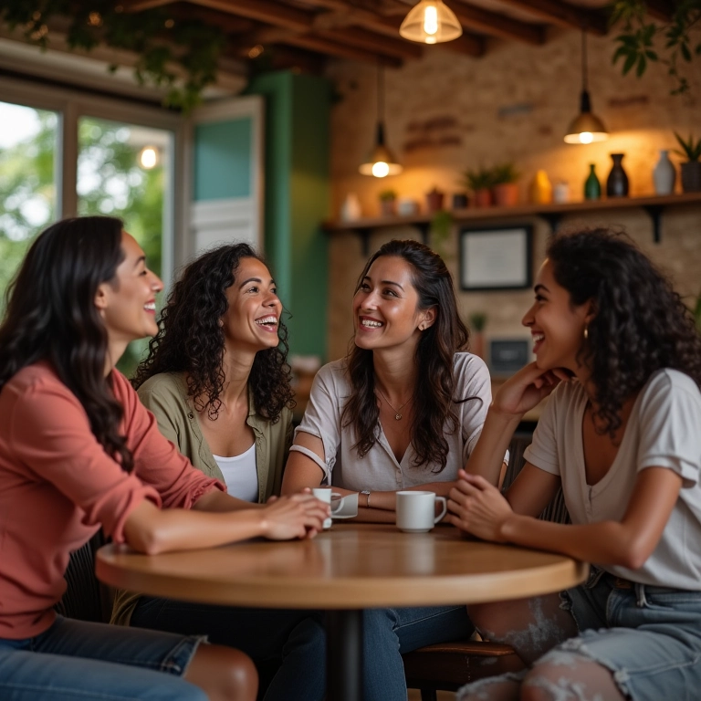 Grupo de mulheres brasileiras diversas reunidas em café, representando o fortalecimento da rede de apoio após o divórcio.