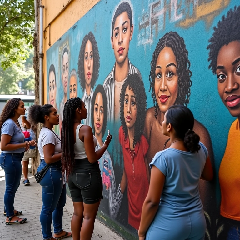 Grupo de mulheres criando um mural de arte de rua sobre questões sociais no Brasil.